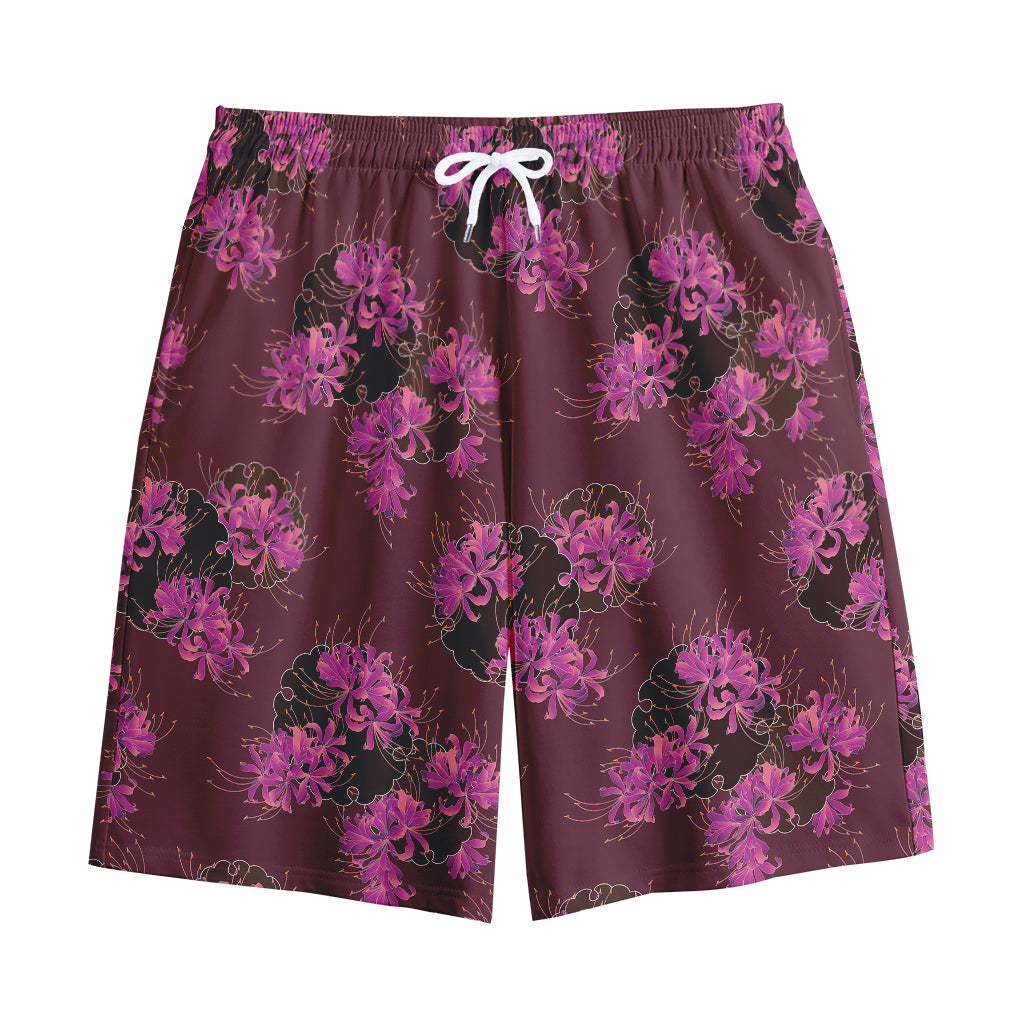 Purple Japanese Amaryllis Pattern Print Cotton Shorts