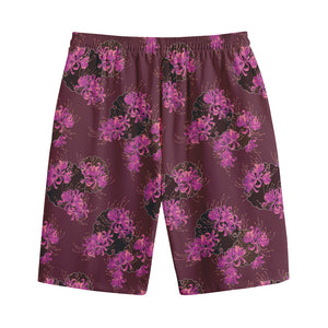 Purple Japanese Amaryllis Pattern Print Cotton Shorts