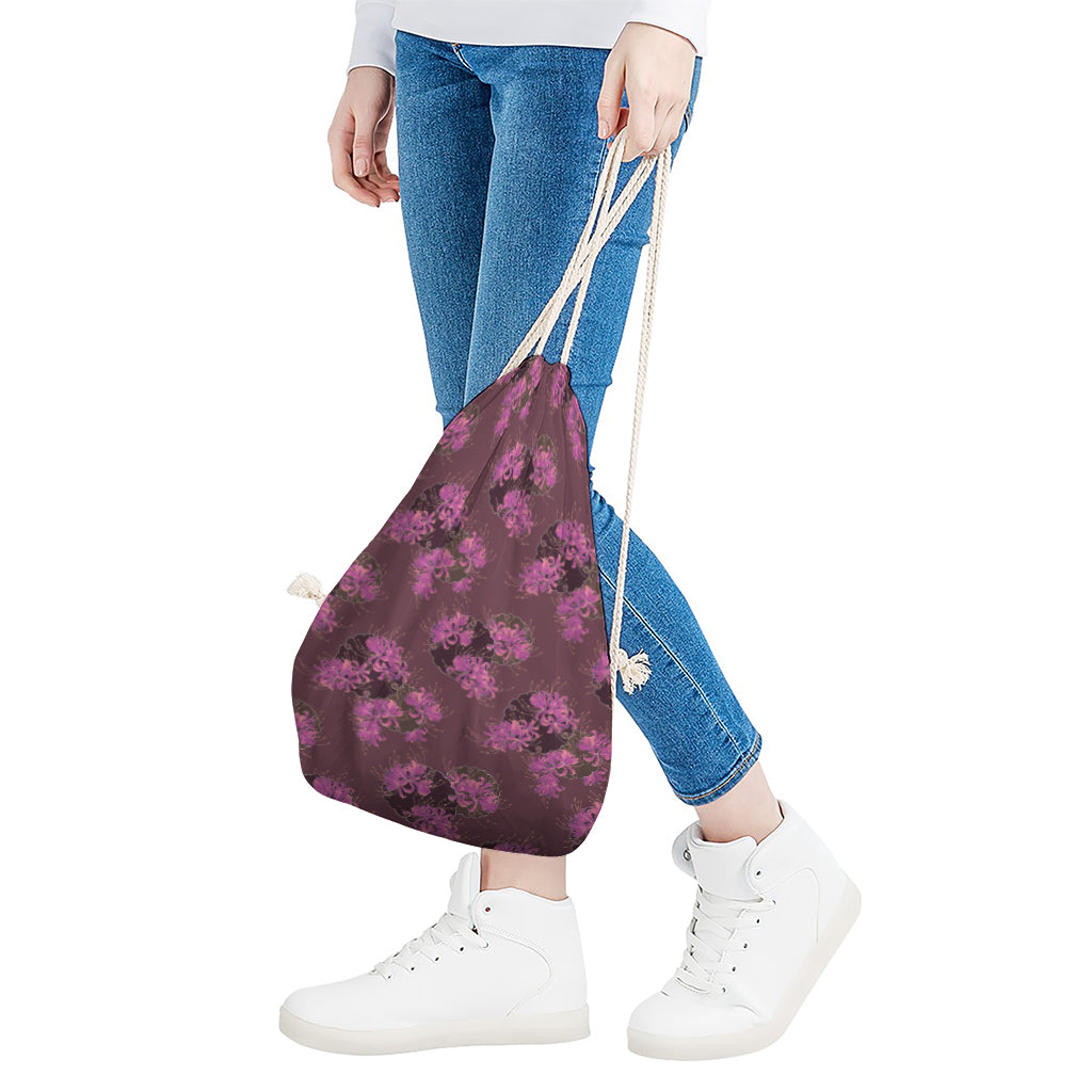 Purple Japanese Amaryllis Pattern Print Drawstring Bag