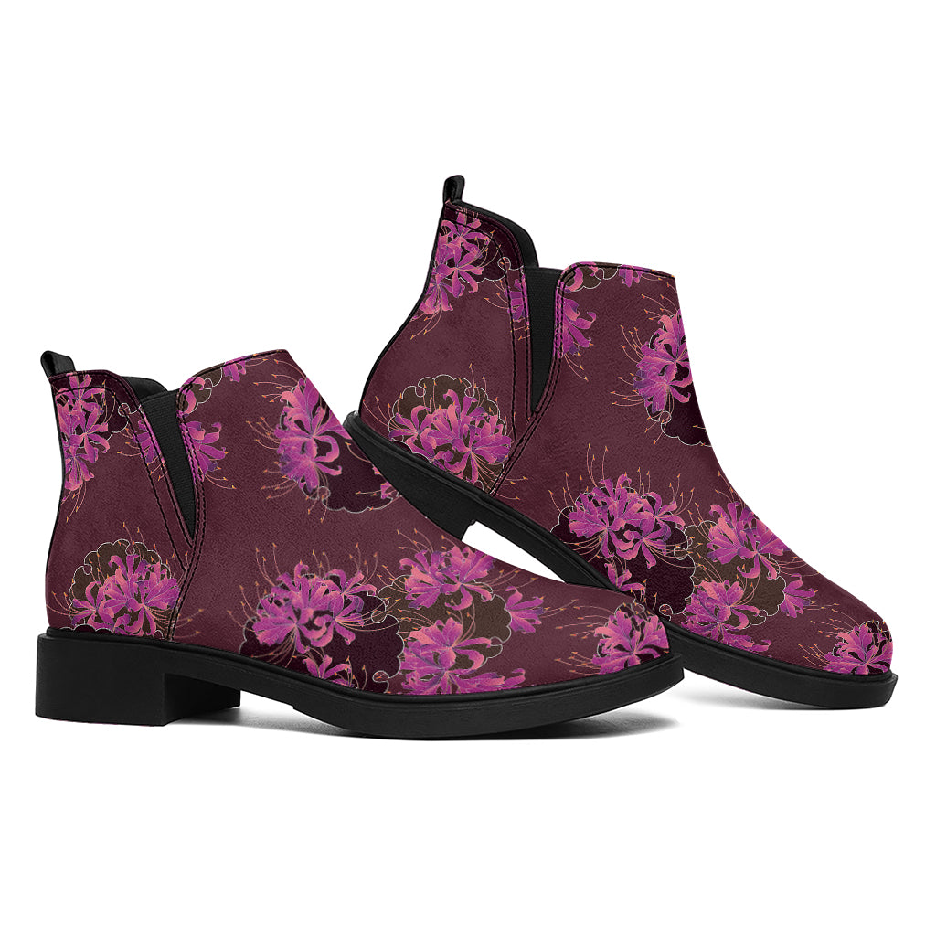 Purple Japanese Amaryllis Pattern Print Flat Ankle Boots