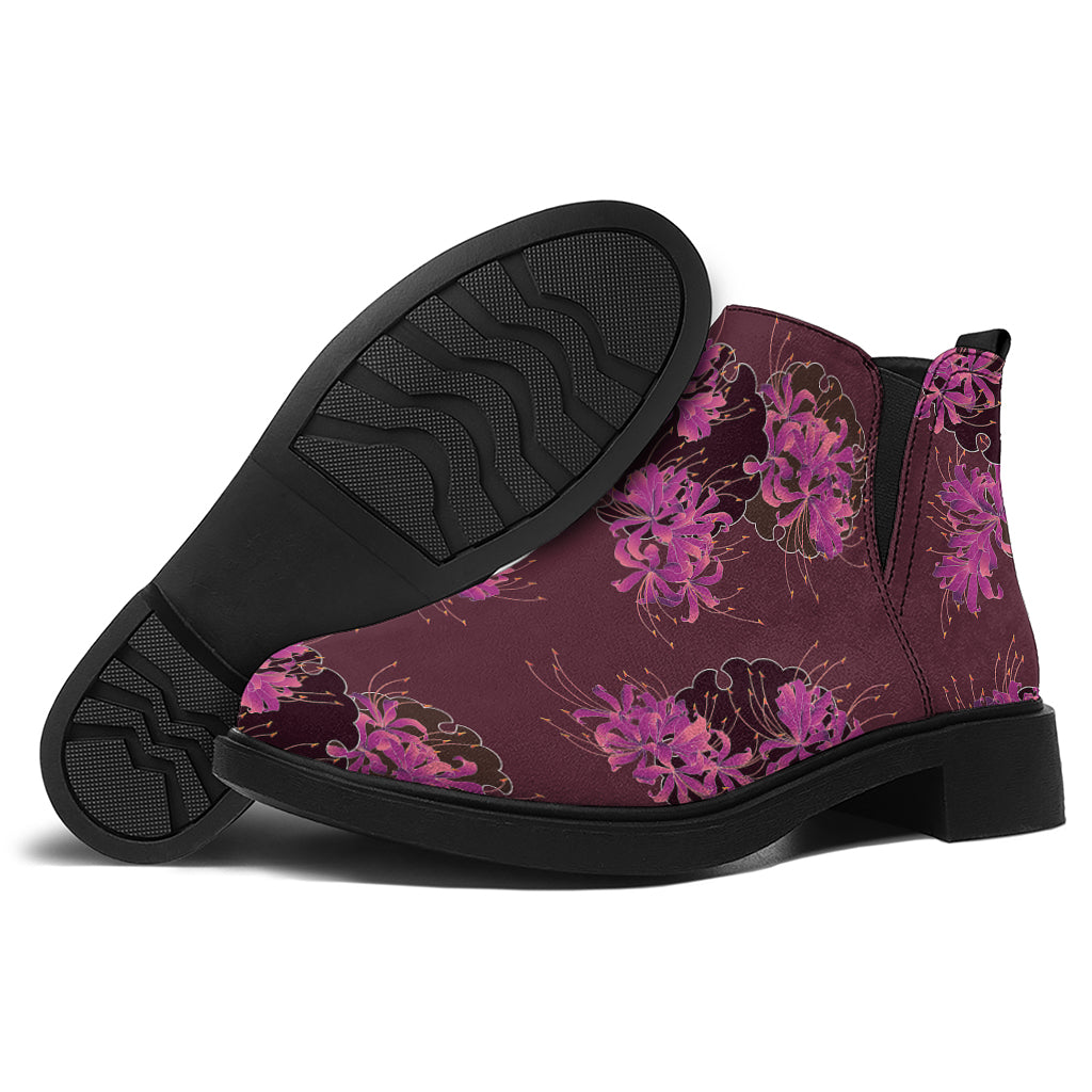 Purple Japanese Amaryllis Pattern Print Flat Ankle Boots