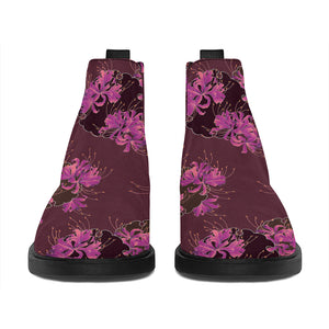 Purple Japanese Amaryllis Pattern Print Flat Ankle Boots