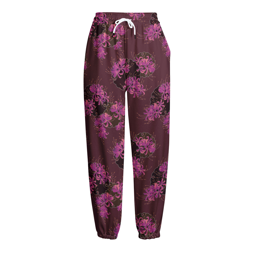 Purple Japanese Amaryllis Pattern Print Fleece Lined Knit Pants