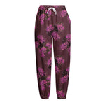 Purple Japanese Amaryllis Pattern Print Fleece Lined Knit Pants