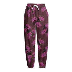 Purple Japanese Amaryllis Pattern Print Fleece Lined Knit Pants