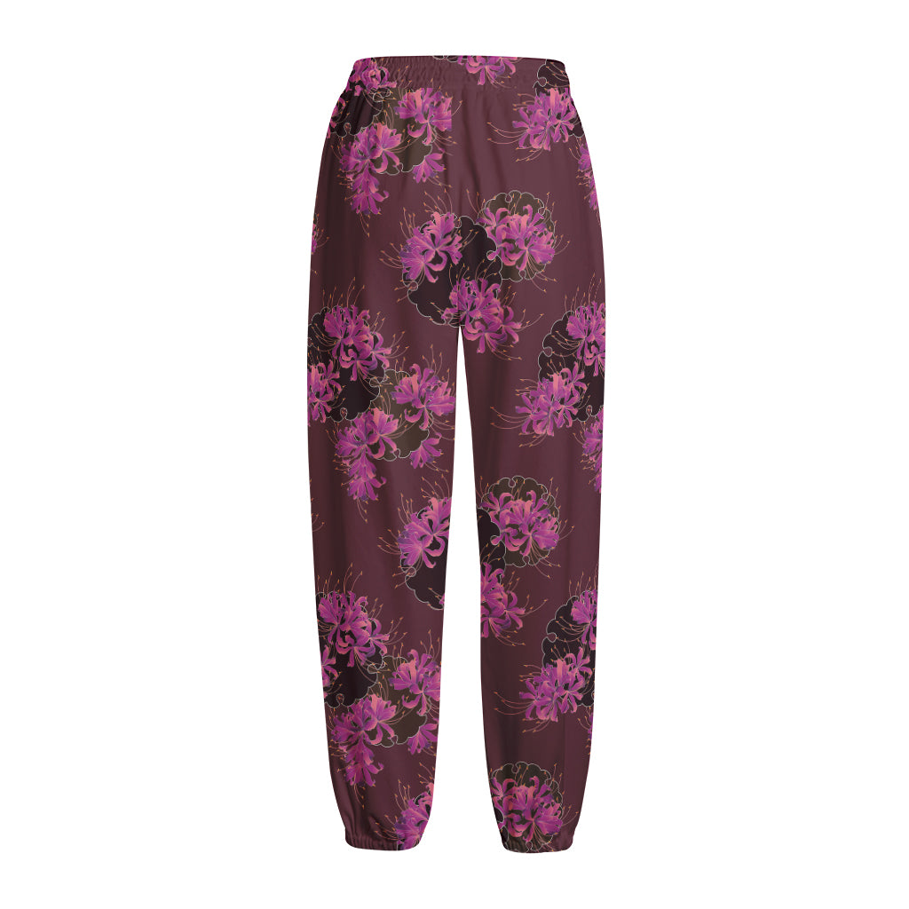 Purple Japanese Amaryllis Pattern Print Fleece Lined Knit Pants