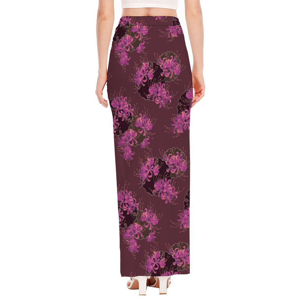 Purple Japanese Amaryllis Pattern Print High Slit Maxi Skirt