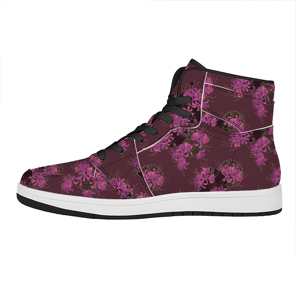 Purple Japanese Amaryllis Pattern Print High Top Leather Sneakers