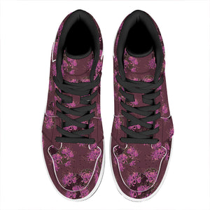 Purple Japanese Amaryllis Pattern Print High Top Leather Sneakers