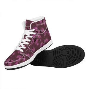 Purple Japanese Amaryllis Pattern Print High Top Leather Sneakers