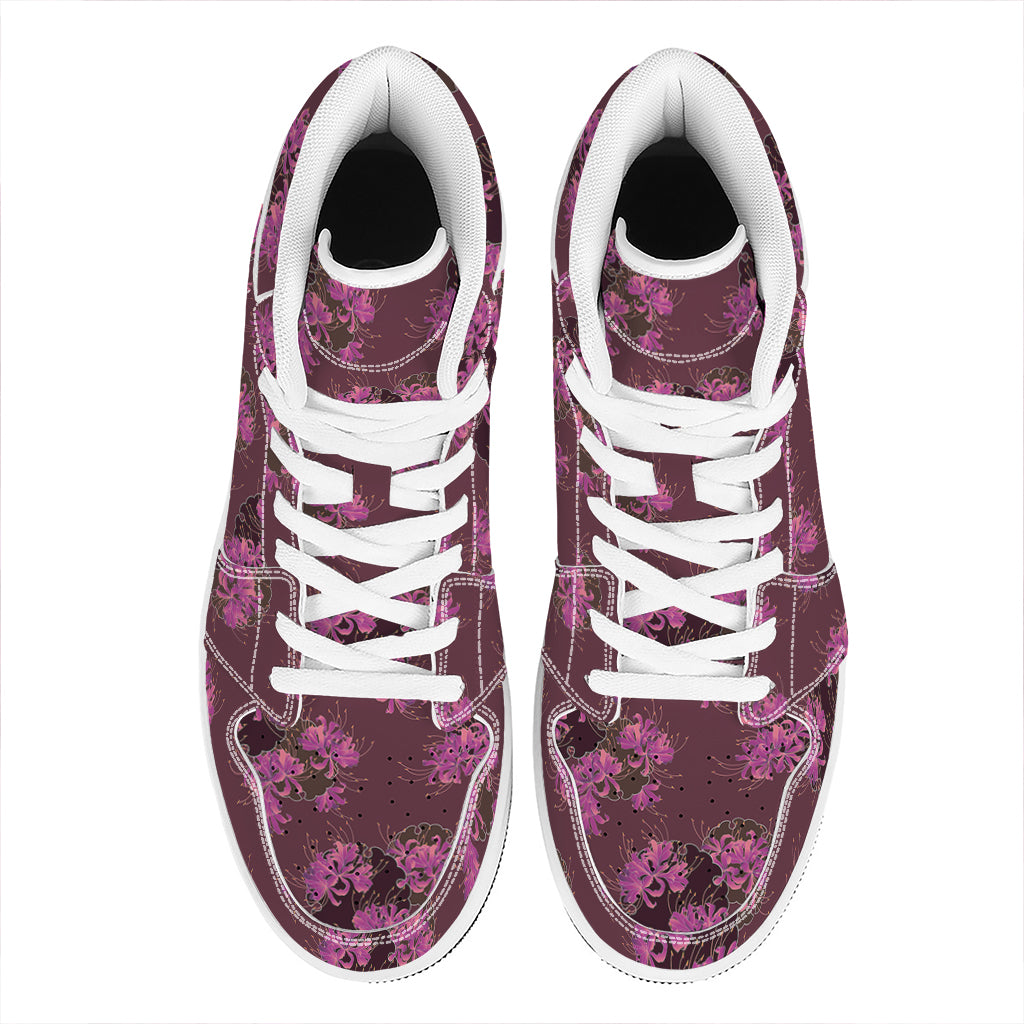 Purple Japanese Amaryllis Pattern Print High Top Leather Sneakers