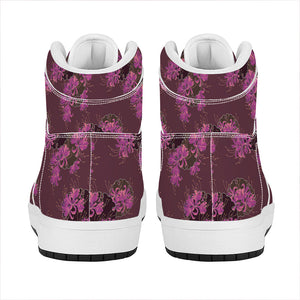 Purple Japanese Amaryllis Pattern Print High Top Leather Sneakers