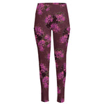 Purple Japanese Amaryllis Pattern Print High-Waisted Pocket Leggings