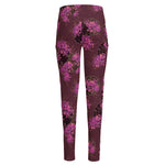 Purple Japanese Amaryllis Pattern Print High-Waisted Pocket Leggings