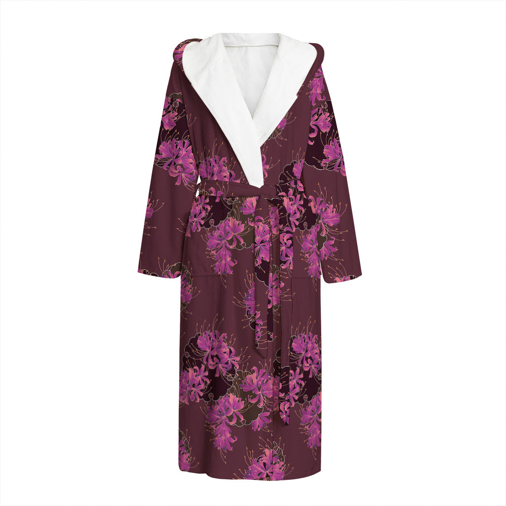 Purple Japanese Amaryllis Pattern Print Hooded Bathrobe