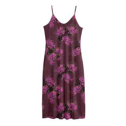 Purple Japanese Amaryllis Pattern Print Jersey Midi Cami Dress