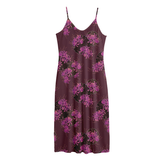 Purple Japanese Amaryllis Pattern Print Jersey Midi Cami Dress