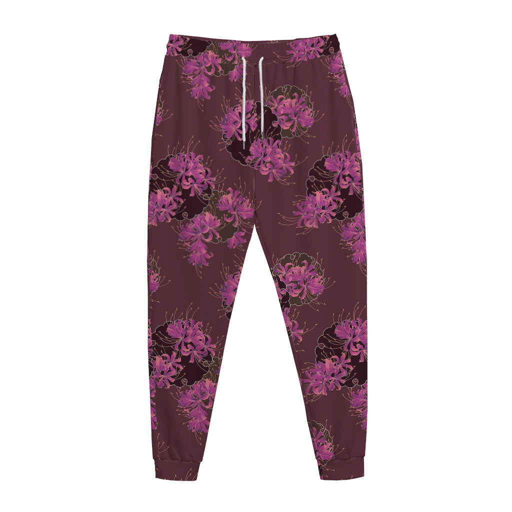 Purple Japanese Amaryllis Pattern Print Jogger Pants