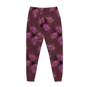 Purple Japanese Amaryllis Pattern Print Jogger Pants