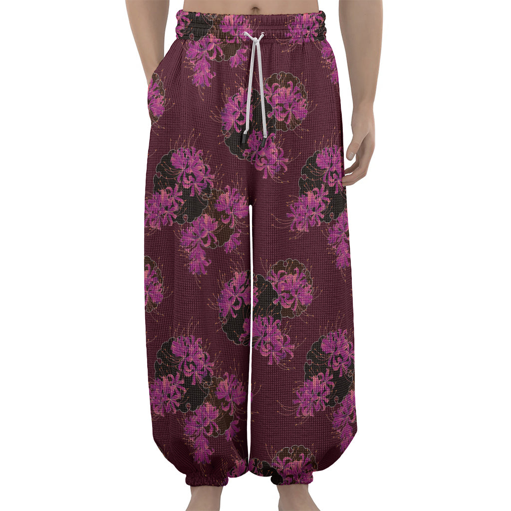 Purple Japanese Amaryllis Pattern Print Lantern Pants