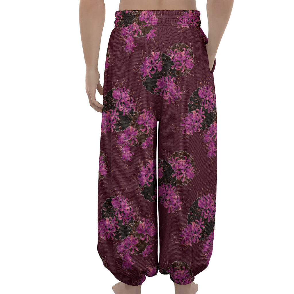 Purple Japanese Amaryllis Pattern Print Lantern Pants