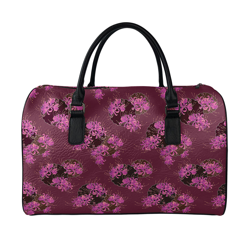 Purple Japanese Amaryllis Pattern Print Leather Duffle Bag