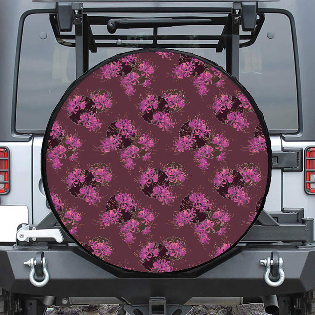 Purple Japanese Amaryllis Pattern Print Leather Spare Tire Cover