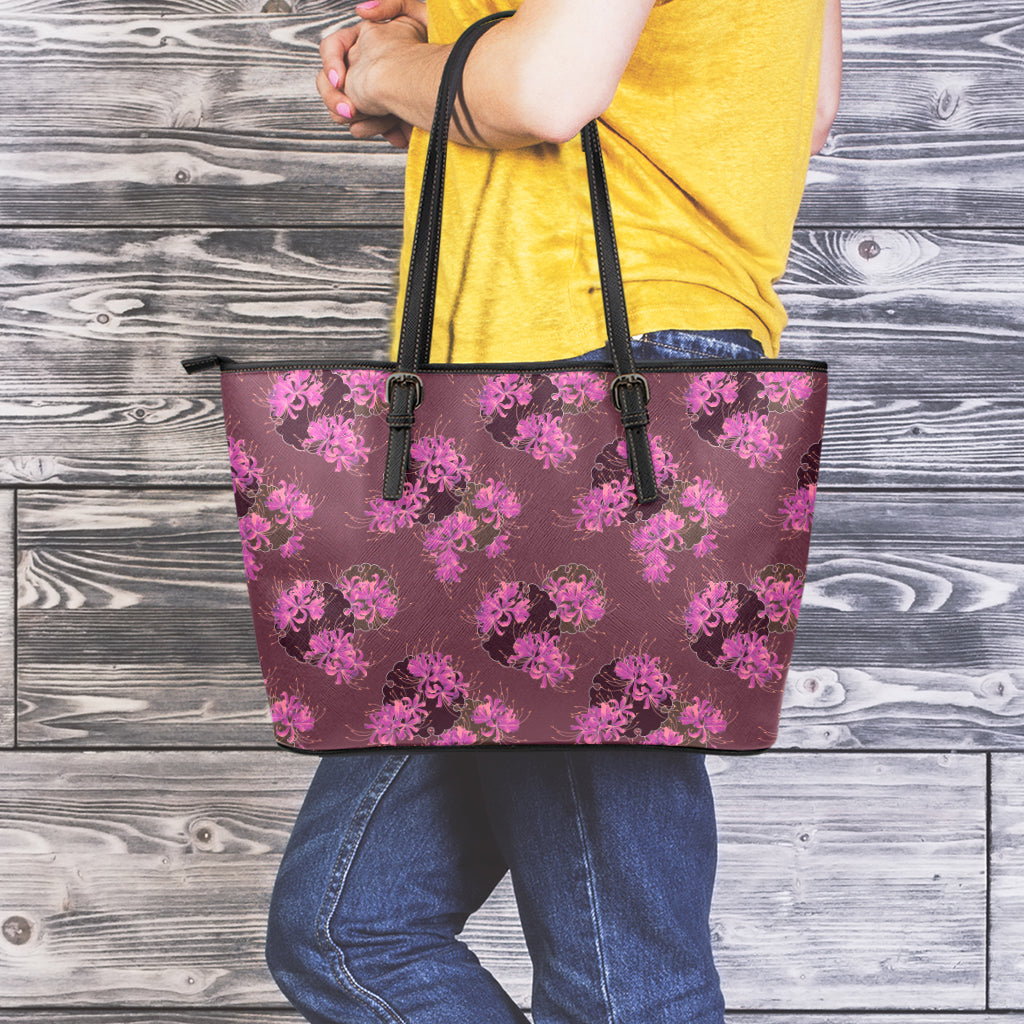 Purple Japanese Amaryllis Pattern Print Leather Tote Bag