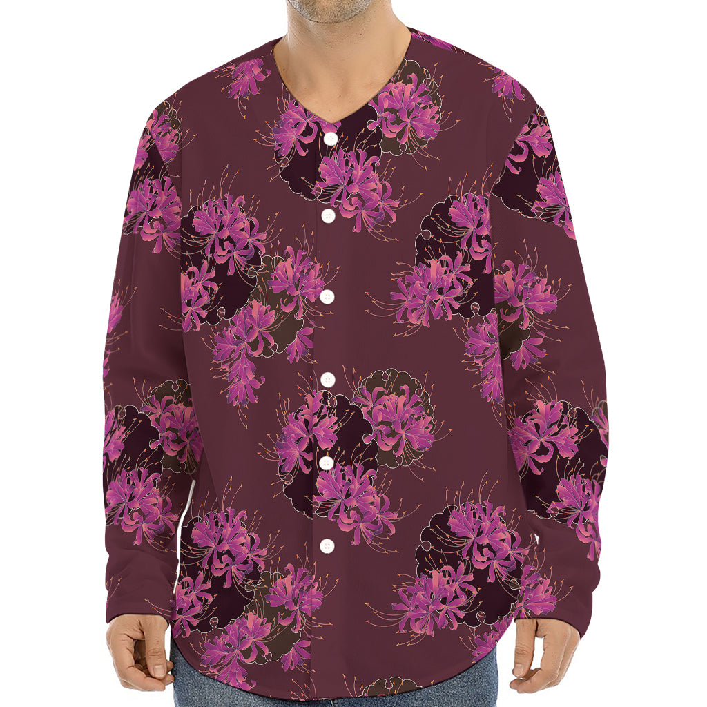 Purple Japanese Amaryllis Pattern Print Long Sleeve Baseball Jersey