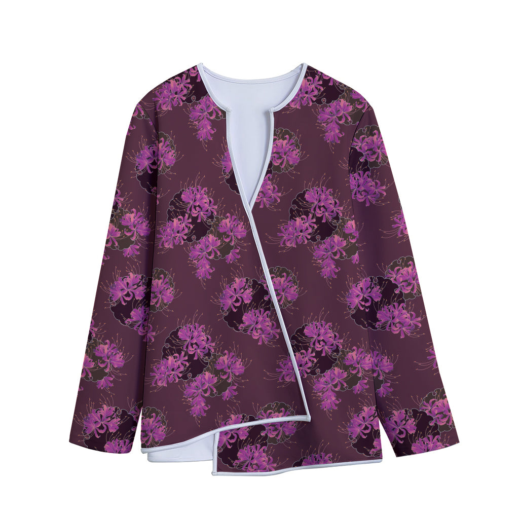 Purple Japanese Amaryllis Pattern Print Long Sleeve Short Coat