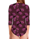 Purple Japanese Amaryllis Pattern Print Long Sleeve Swimsuit