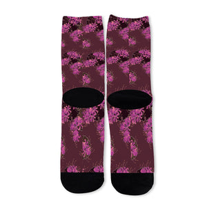 Purple Japanese Amaryllis Pattern Print Long Socks