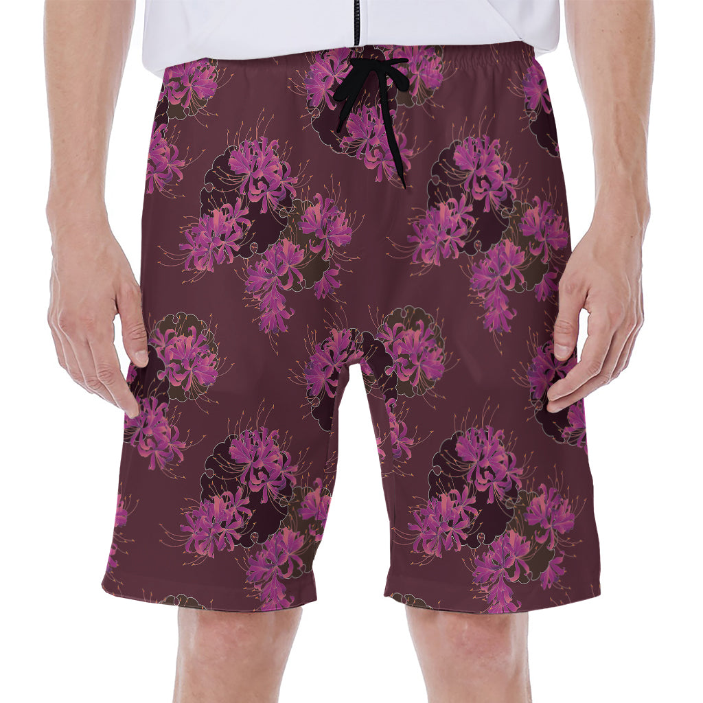 Purple Japanese Amaryllis Pattern Print Men's Beach Shorts