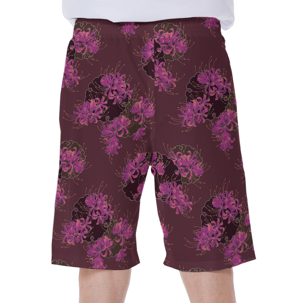 Purple Japanese Amaryllis Pattern Print Men's Beach Shorts