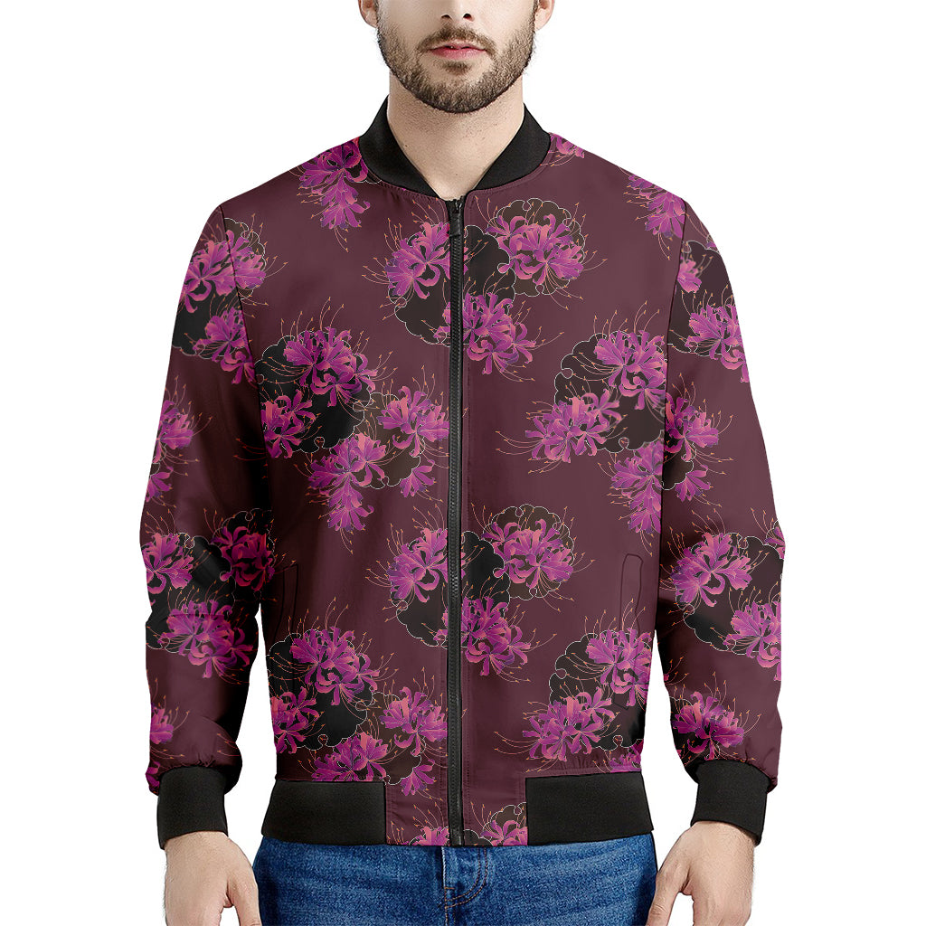 Purple Japanese Amaryllis Pattern Print Men's Bomber Jacket