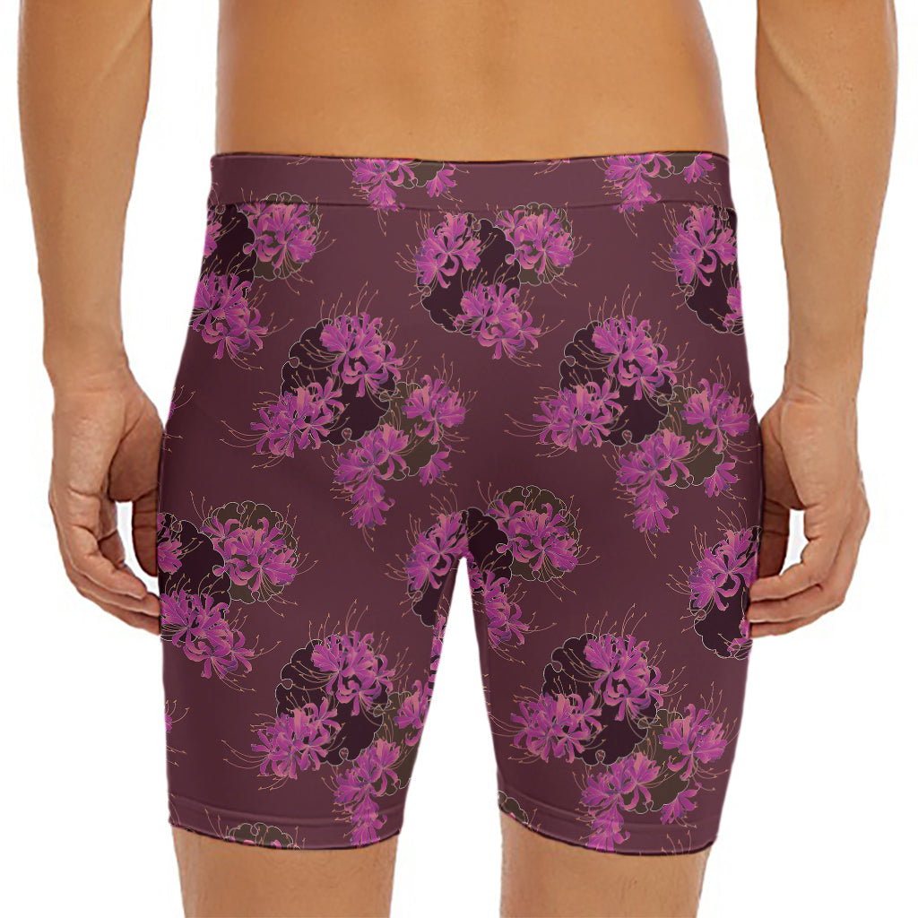 Purple Japanese Amaryllis Pattern Print Men's Long Boxer Briefs