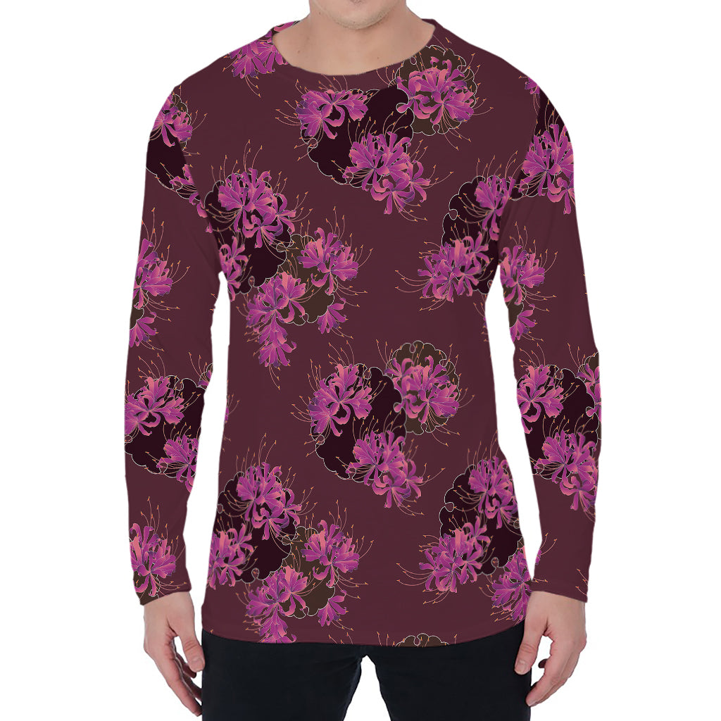 Purple Japanese Amaryllis Pattern Print Men's Long Sleeve T-Shirt