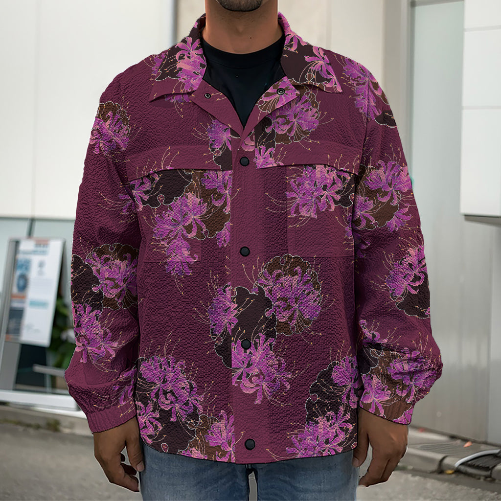 Purple Japanese Amaryllis Pattern Print Men's Shirt Jacket