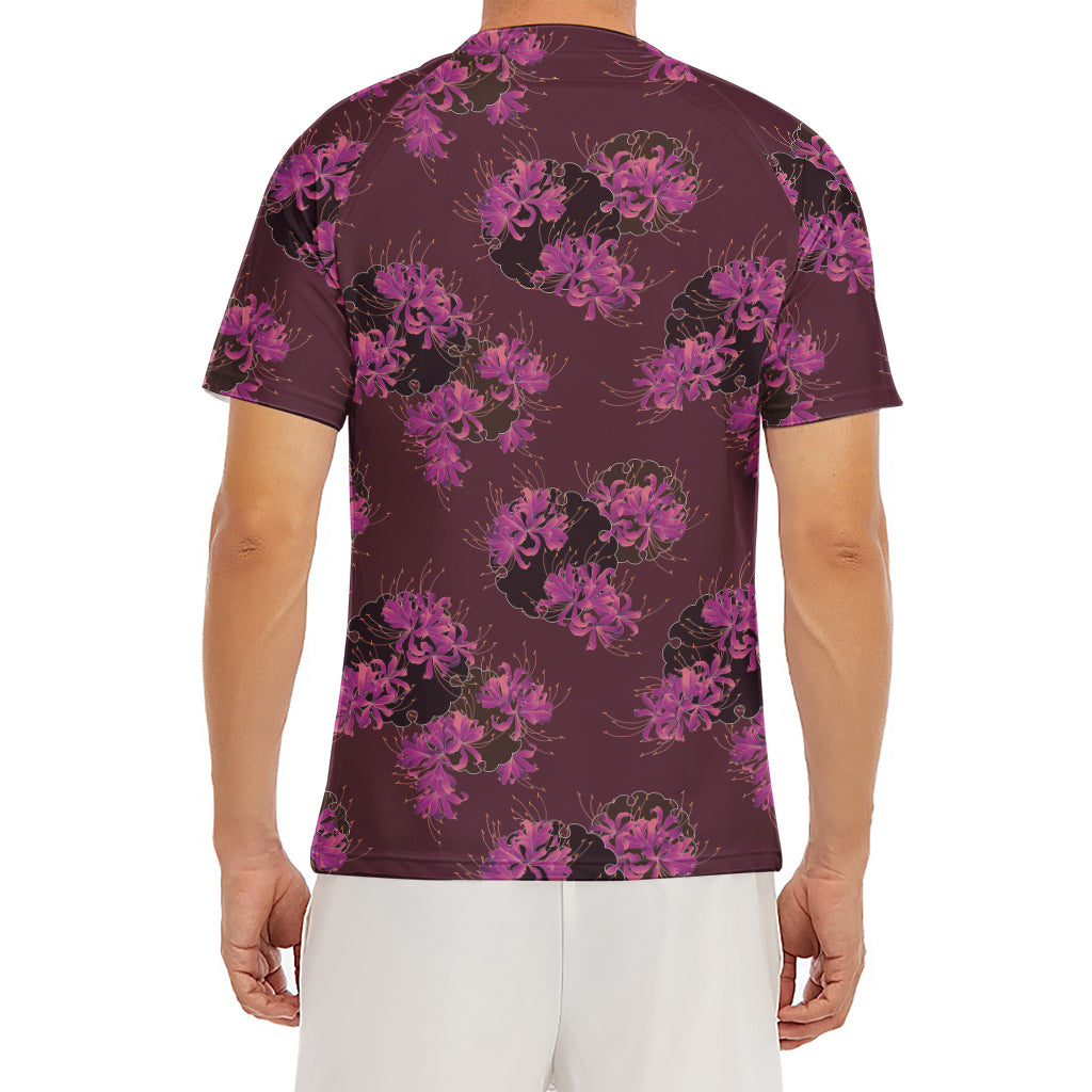 Purple Japanese Amaryllis Pattern Print Men's Short Sleeve Rash Guard
