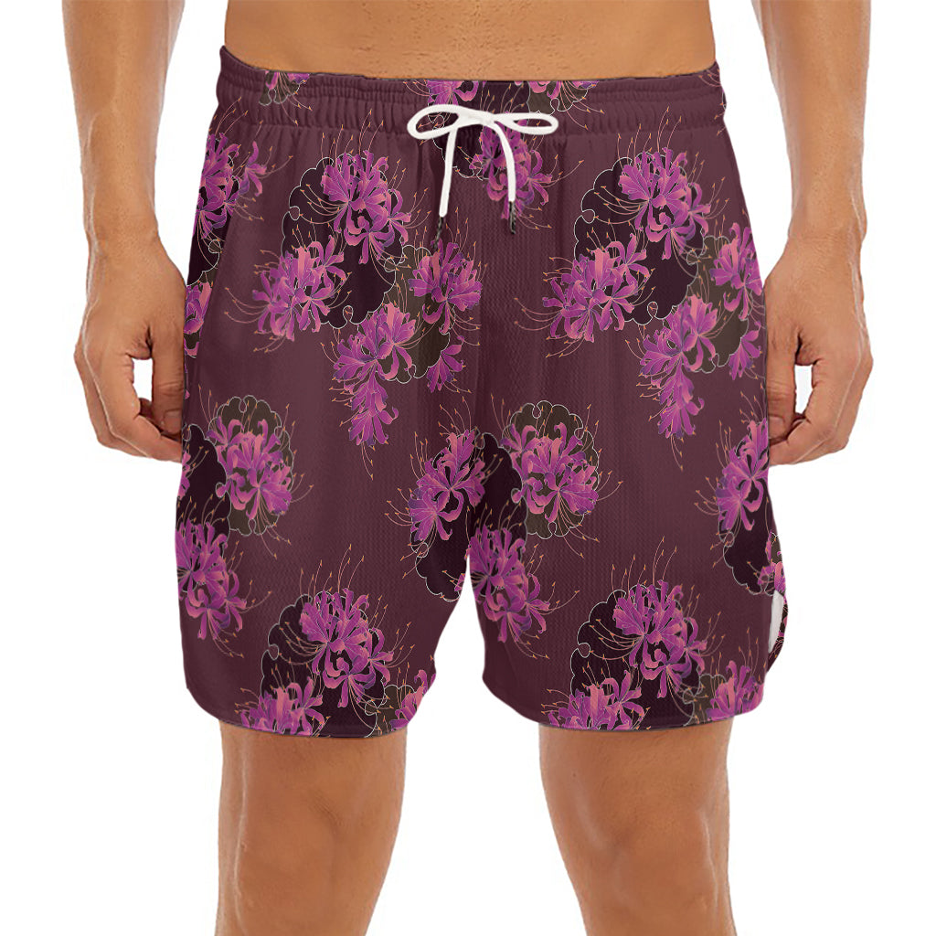 Purple Japanese Amaryllis Pattern Print Men's Split Running Shorts