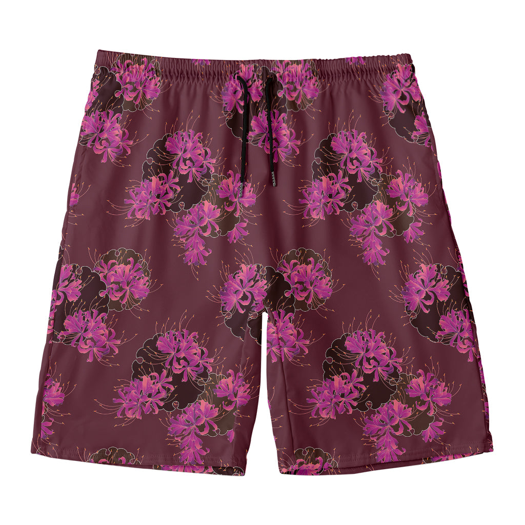 Purple Japanese Amaryllis Pattern Print Men's Swim Trunks