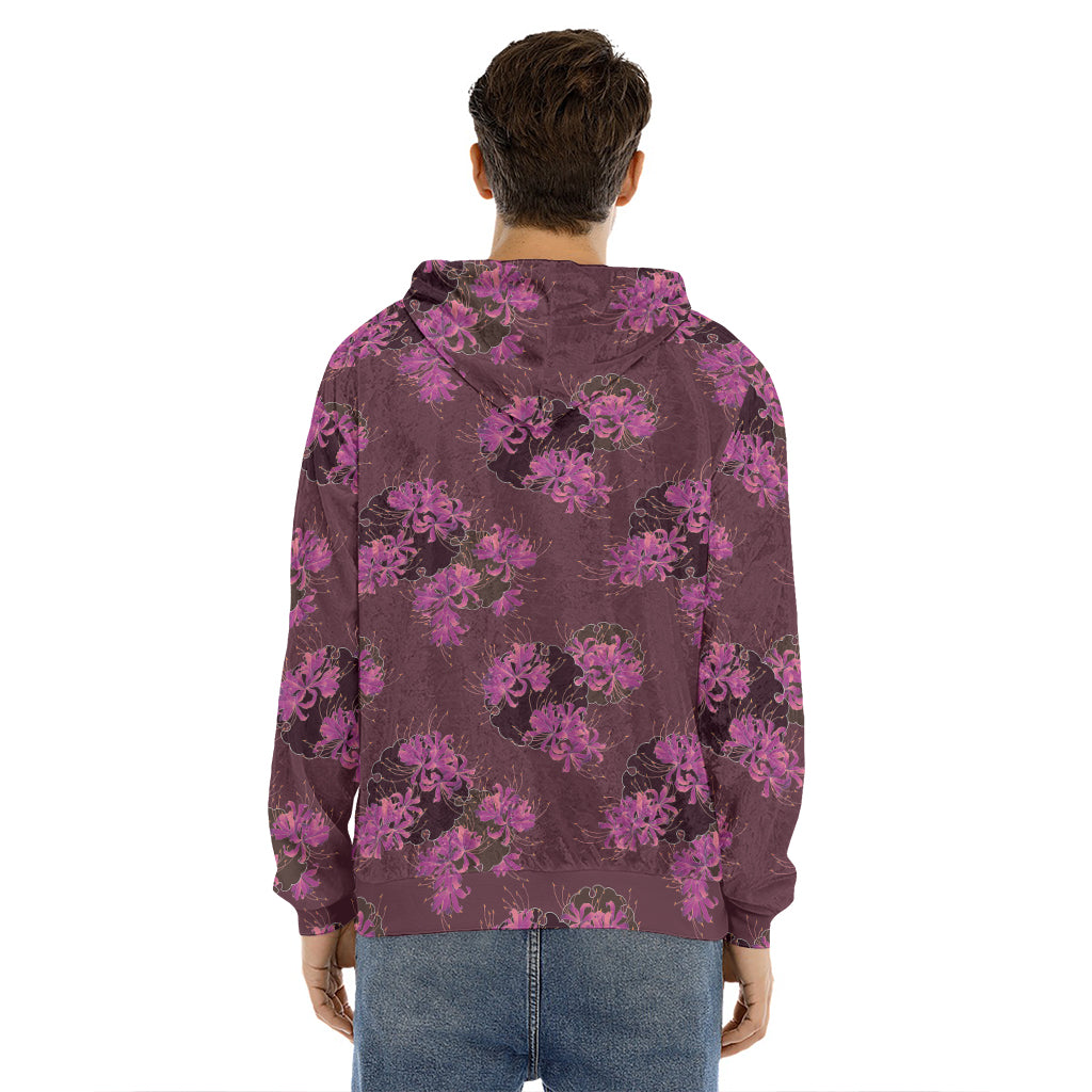 Purple Japanese Amaryllis Pattern Print Men's Velvet Pullover Hoodie