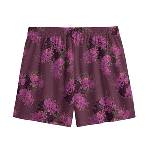 Purple Japanese Amaryllis Pattern Print Mesh Shorts