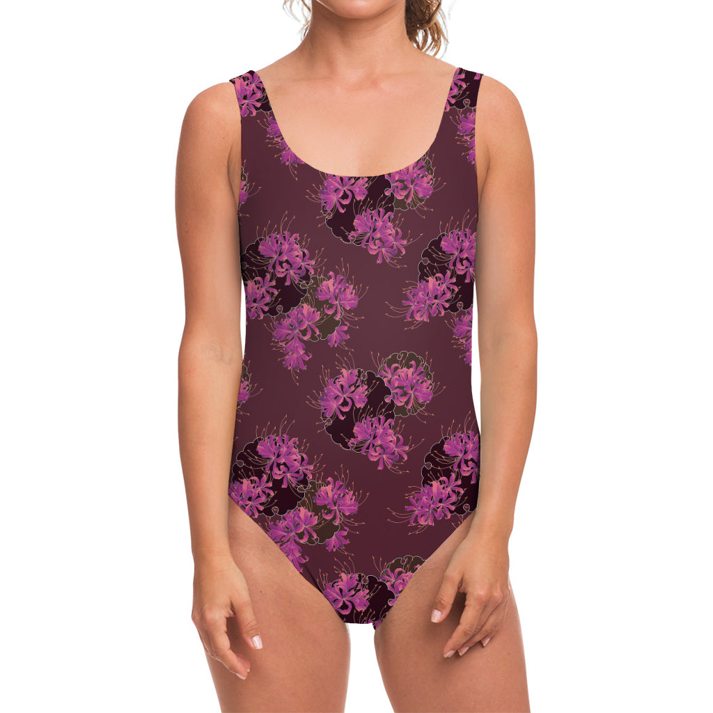 Purple Japanese Amaryllis Pattern Print One Piece Swimsuit