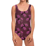 Purple Japanese Amaryllis Pattern Print One Piece Swimsuit