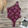 Purple Japanese Amaryllis Pattern Print One Shoulder Bodysuit