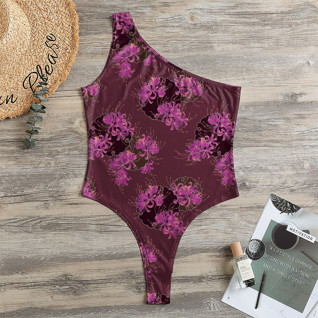 Purple Japanese Amaryllis Pattern Print One Shoulder Bodysuit