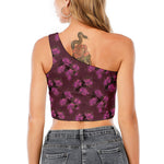 Purple Japanese Amaryllis Pattern Print One Shoulder Crop Top