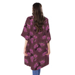 Purple Japanese Amaryllis Pattern Print Open Front Beach Cover Up