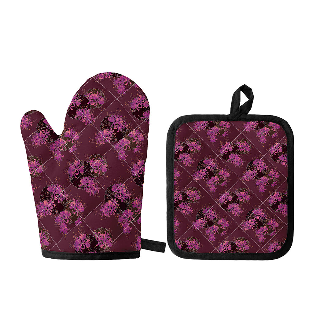 Purple Japanese Amaryllis Pattern Print Oven Mitt And Pot Holder Set